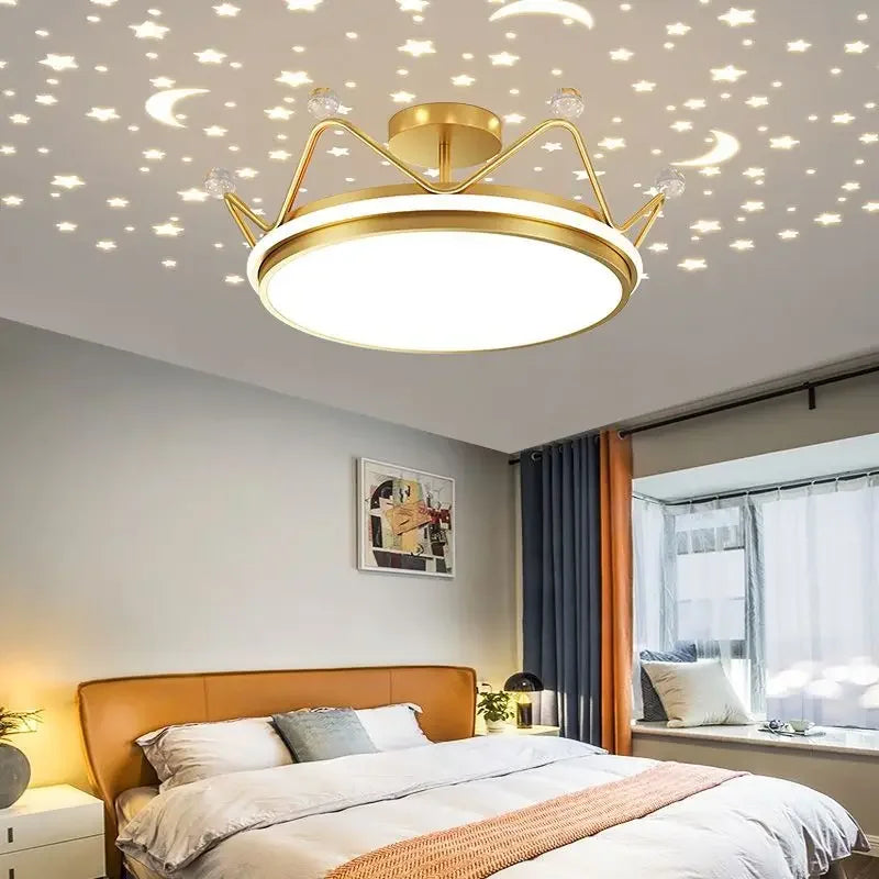 Crown LED Dimmable Ceiling Chandelier Star And Moon Lamp Pendant Children Boys Girls Bedroom Study Kid's Ceiling Lamp Room Decor