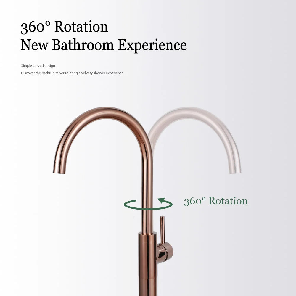 Bathroom Bathtub Floor Stand Faucet Rose Gold Mixer Single Handle Tap 360 Rotation Spout With Brass Hand Hot &Cold Water Shower