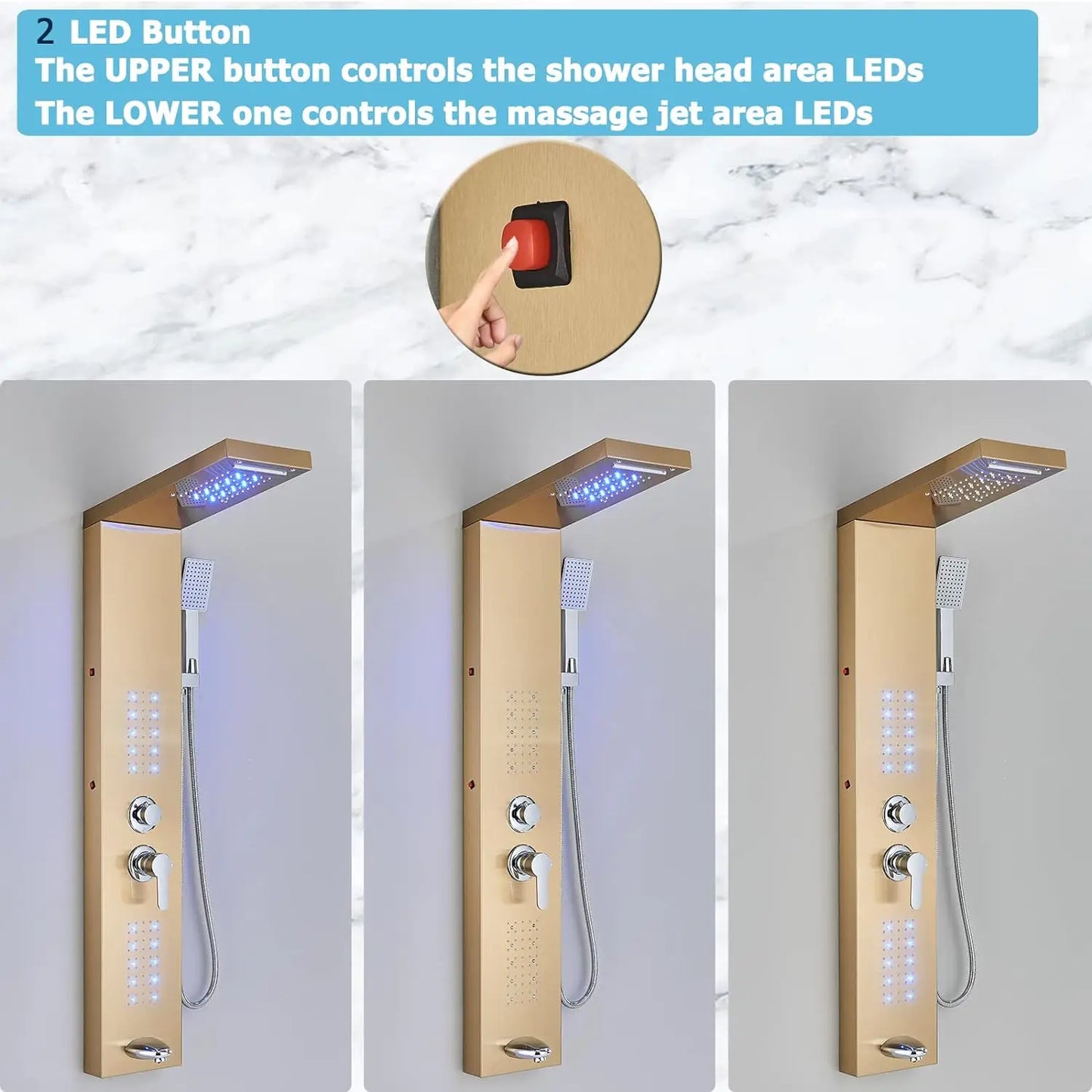 OUIO Brush LED Shower Panel Column Shower Faucet Bathtub Mixer Tap With Massage Body Spa Hand Shower Temperature Screen Set