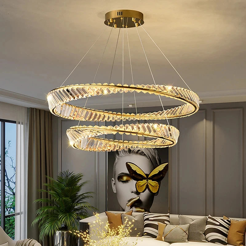 Modern Crystal Lustre Ceiling Chandelier Gold Irregular Ring Pendant Lamp Led Dimmable Living Room Bedroom Restaurant Hang Light