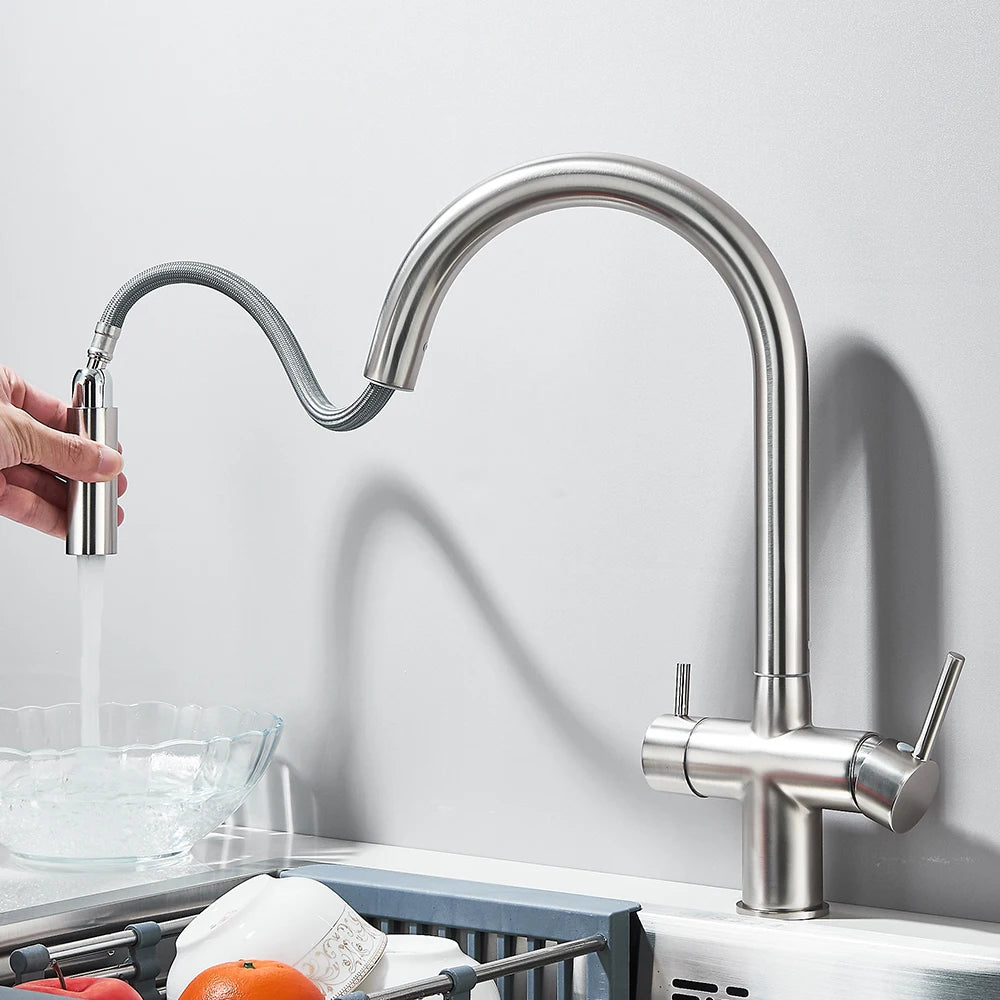 Filtered Kitchen Sink Faucet With Retractable Sprayer Brass Water Filter Tap Drinking Water Tap Vessel Sink Mixer For Kitchen
