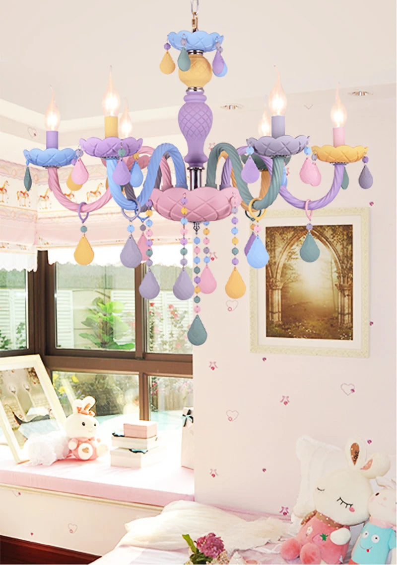 Modern Romantic Rainbow Crystal Chandelier European Candle lustres Children's Makaron Girl Princess Pendant Lamps Light Fixtures