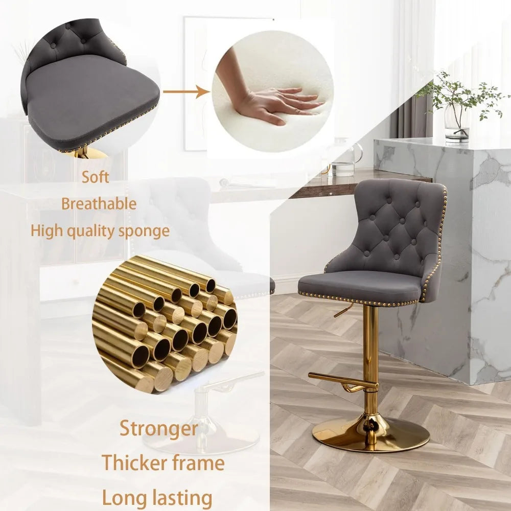 Velvet Button & Nailheads Trim Bar Stools Set of 4 Counter Height Bar Stools
