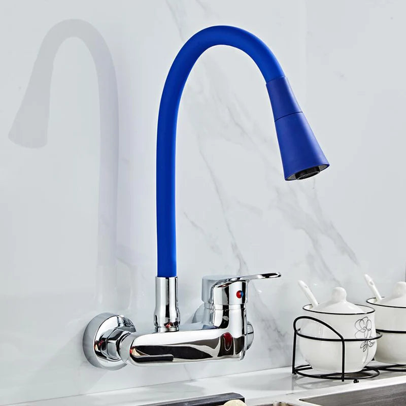 BAKALA RED color Wall Mounted Kitchen Faucet Wall Kitchen Mixers Kitchen Sink Tap 360 Degree Swivel Flexible Hose Double Holes