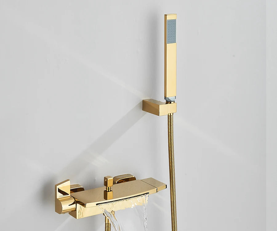 Black Waterfall Bathtub Shower Faucets Wall Mount Shower With Handheld Shower Mixer Tap Faucets Hot Cold Bath Shower Tap
