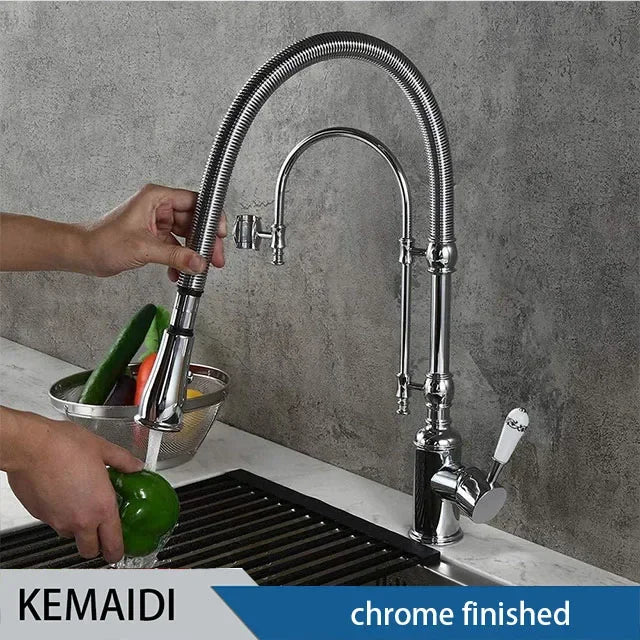 Golden Spring Pull Down Kitchen Sink Faucet Hot & Cold Mixer Crane Tap with Dual Spout Deck Mounted Hot Cold Faucets