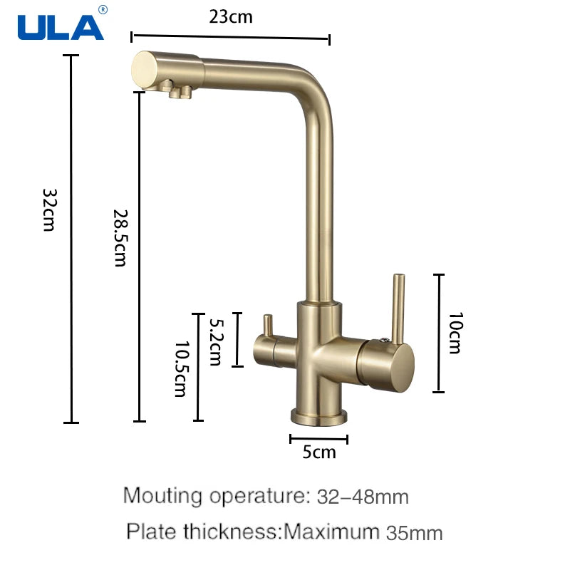 ULA Filtered Kitchen Faucet Gold Purifier Faucet Dual Sprayer Drinking Water Mixer Tap Nozzle Brass Kitchen Sink Mixer Torneira
