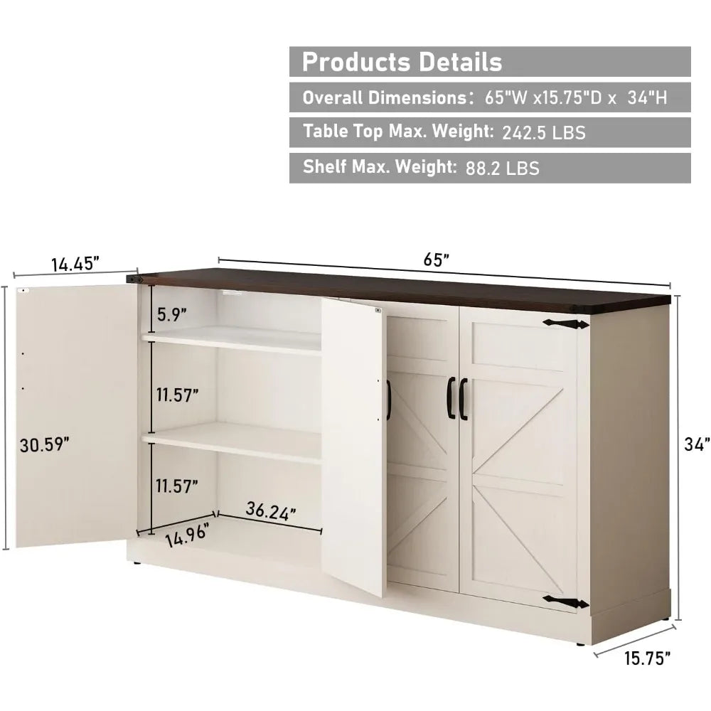 65 Inch Farmhouse Kitchen Sideboard Cabinet with Adjustable Shelves