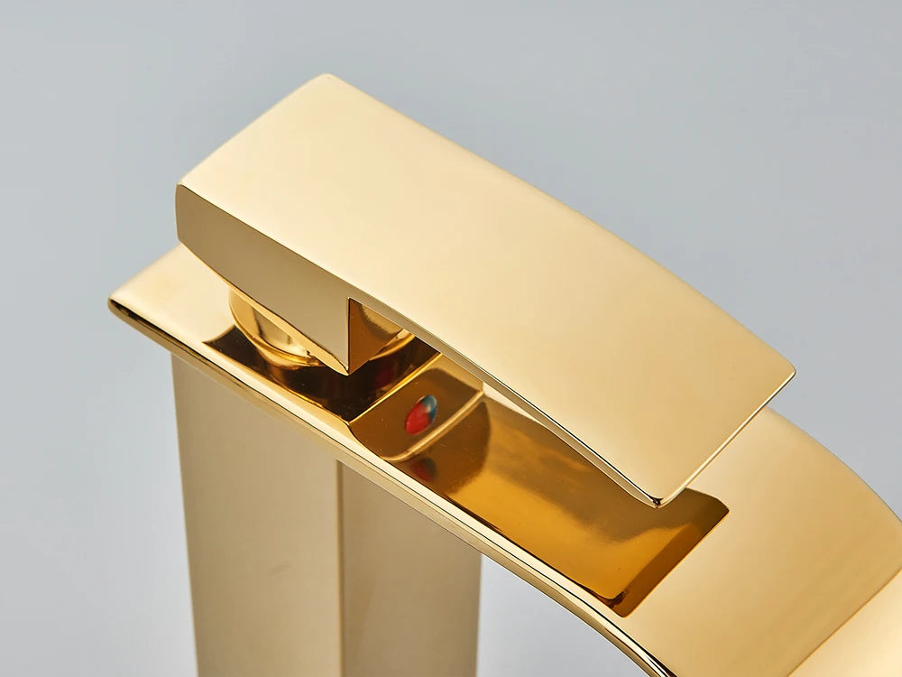 Brushed Gold Basin Sink Faucet Waterfall Outlet Vanity Hot Cold Mixer Tap Deck Mount Taps Washbasin Faucet for Bathroom