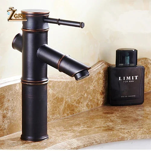 ZGRK Black Waterfall Bathroom Sink Faucet Vessel Tall Bamboo Water Tap Retro Brass Basin Faucets Single Hole Sink Mixer Tap