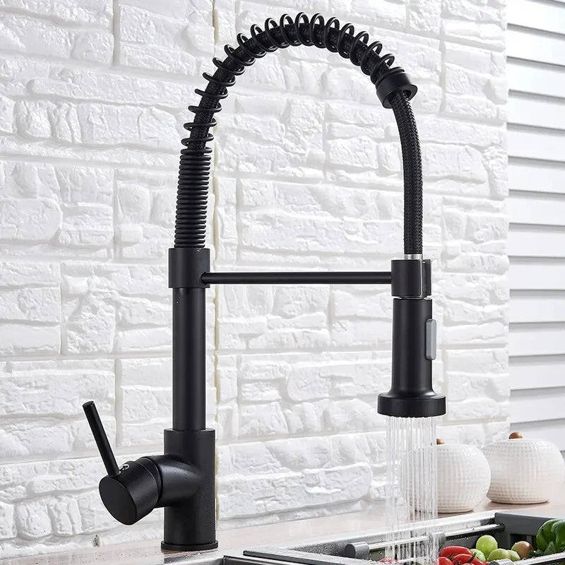 Spring Brushed Nickel Kitchen Faucet Deck Mounted Mixer Tap 360 Degree Rotation Stream Sprayer Nozzle Kitchen Sink Hot Cold Taps