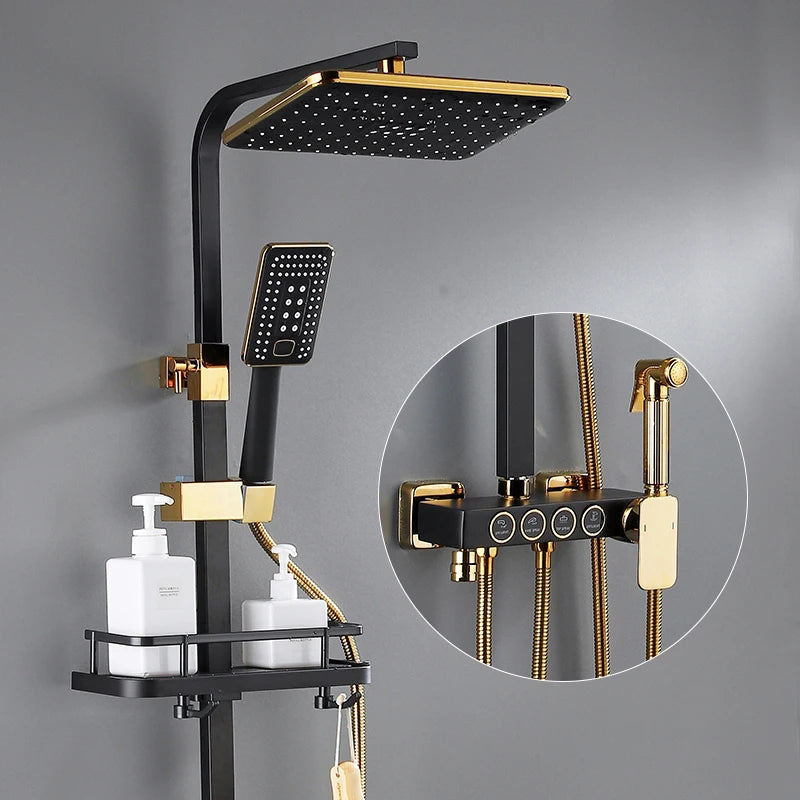 Gold Digital Shower Set Quality Brass Hot Cold Bathroom Shower Faucets Tap Rain Shower Head Golden Thermostatic Shower System