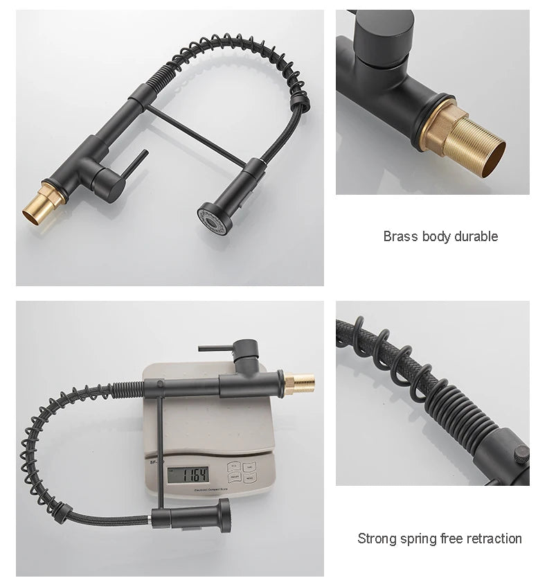 Black and Golden Brass Pulling Kitchen Sink Faucets Dual Outlet Water-Cold Hot Washing Basin Tap Deck Mounted Spring Mixer Taps