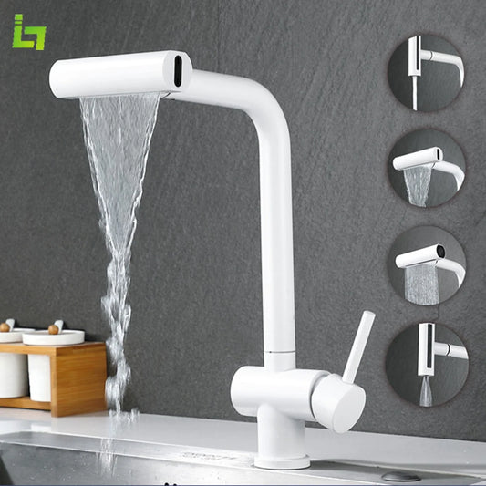 Waterfall White Kitchen Faucet  360 ° Rotation Cold and Hot Deck Mounted Pull Out Sink Multiple Water Outlet Methods  Tap