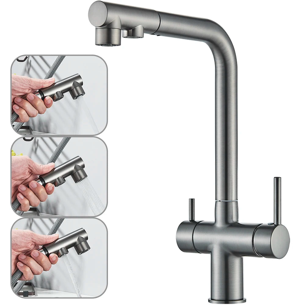 Filtered Kitchen Sink Faucet with Pull Down Sprayer 2 Handle 3 in 1 Water Filter Purifier Faucet Dual Sprayer Drinking Water Tap