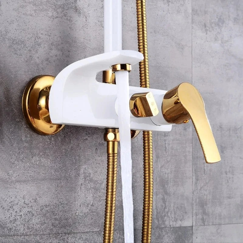 KEMAIDI Bathroom Shower Set W/ Shelf Wall Mount Shower System Hot & Cold Mixer White Gold Rainfall Bathtub Shower Faucet Set