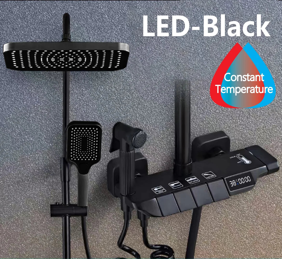 Black Digital Shower Set Bathroom Rainfall Brass Wall Mounted 4Way Shower Faucet Bathtub Thermostat Rain Mixer Tap Shower System