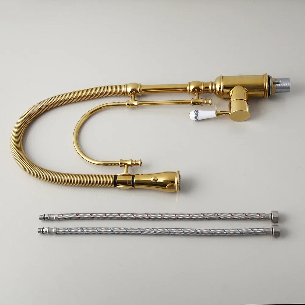 Golden Spring Pull Down Kitchen Sink Faucet Hot & Cold Mixer Crane Tap with Dual Spout Deck Mounted Hot Cold Faucets