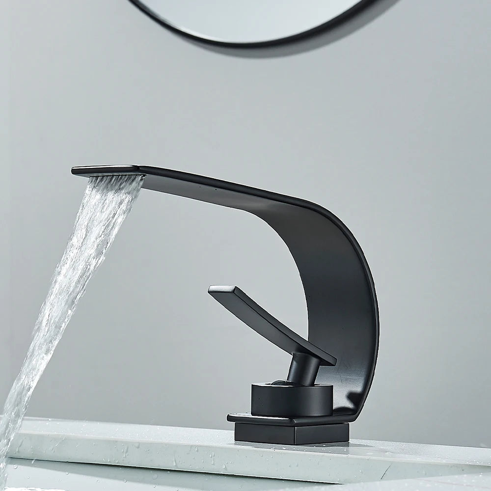 Black Thin style Bathroom Sink Faucet  Modern Mixer Hot Cold Water Tap Waterfall Deck Mounted Vessel Sink Faucet