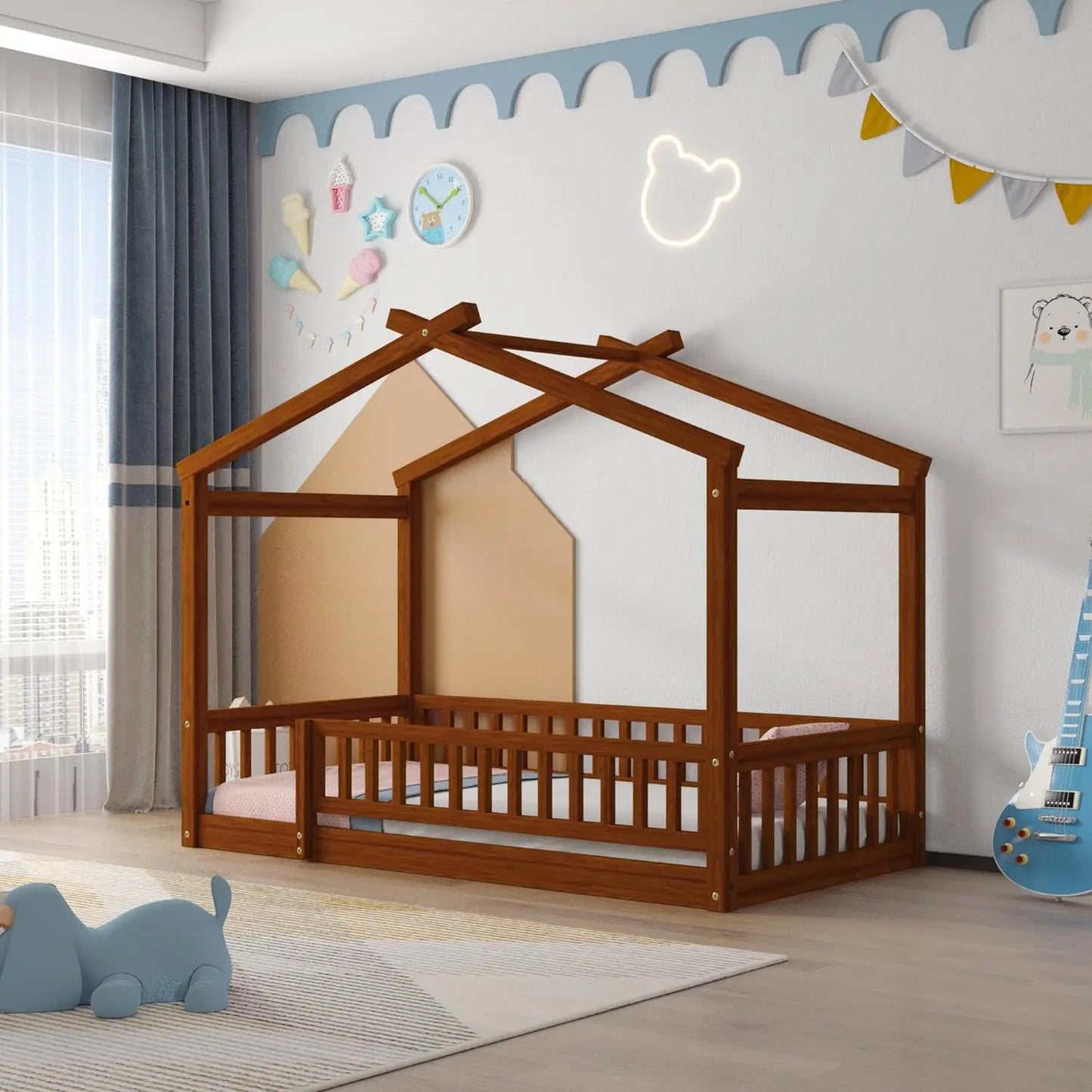 House Style Bed Full Size Floor Bed with Fence Railings