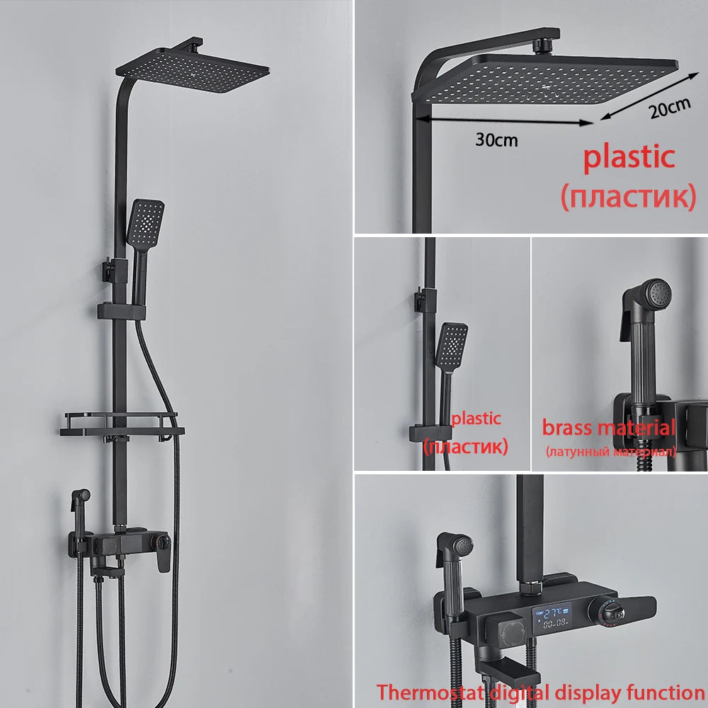 Black Smart Thermostatic Shower Faucet Set Bathroom Intelligent Rainfall Digital Mixer Tap With Rack and Bidet Bath System