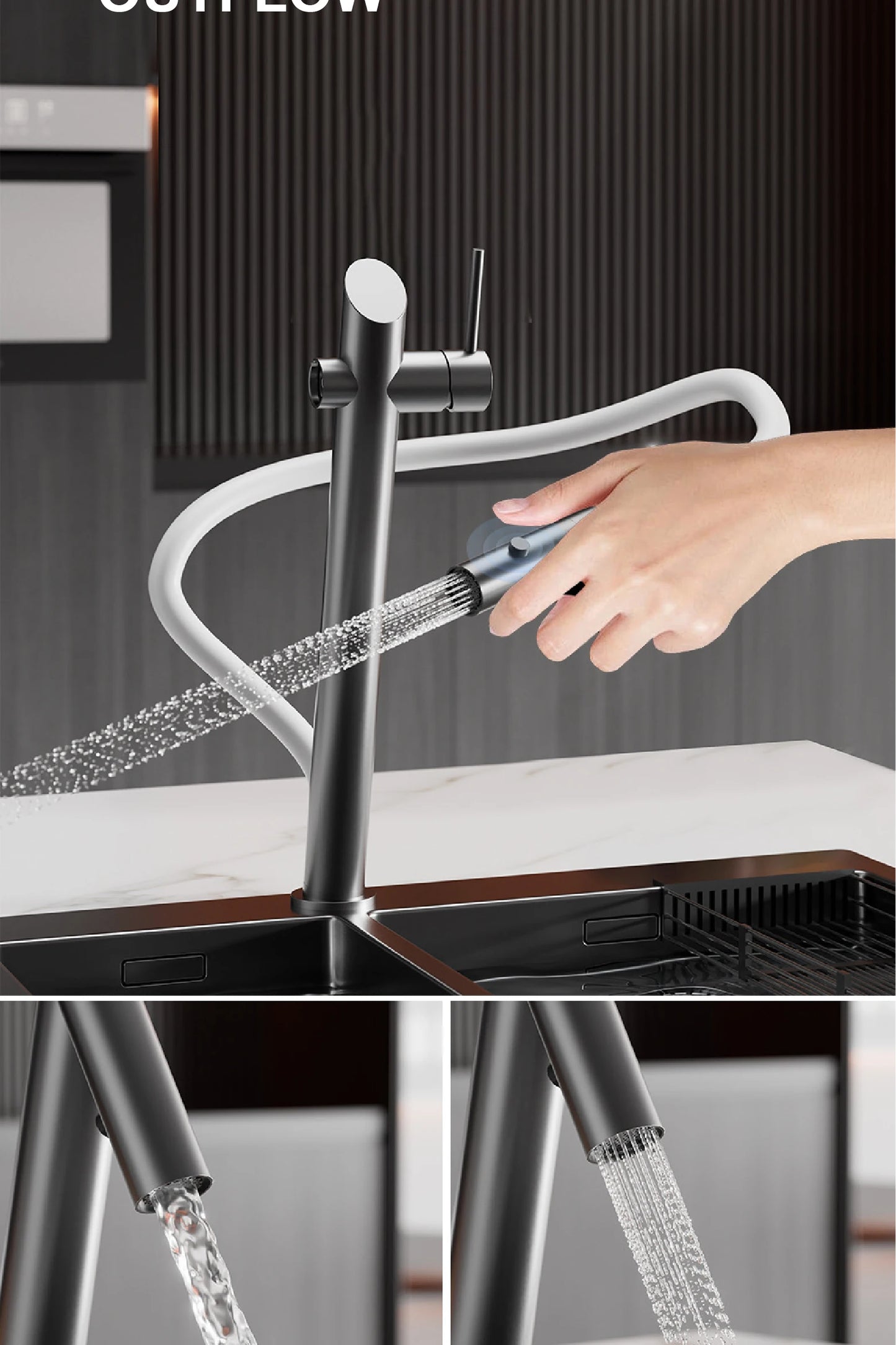 AITANA luxury brass black kitchen faucet with pull-out design, dual control magnetic suction for cold & hot 2-function sink Tap