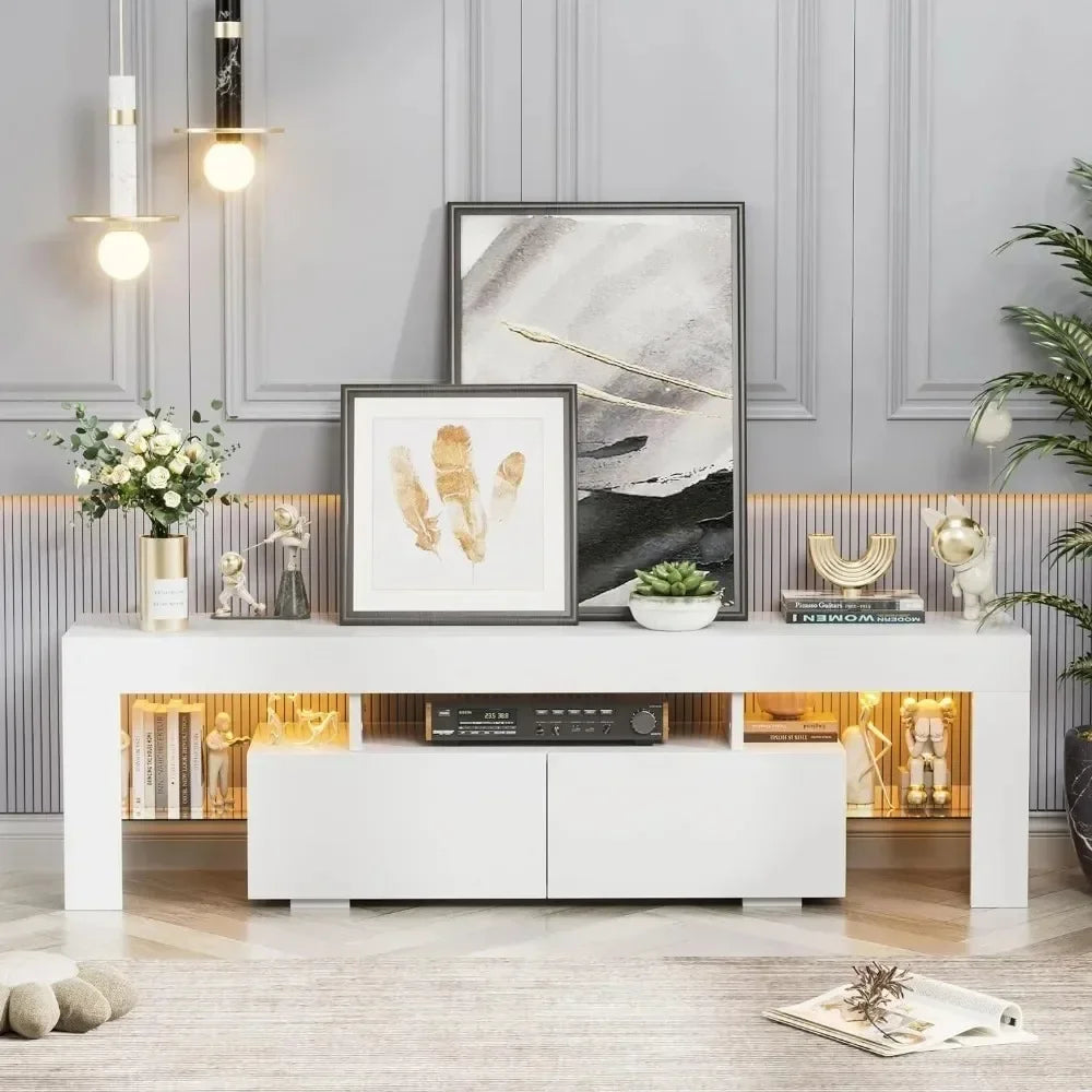 Modern LED TV Stand for Televisions up to 70 Inch with Glass Shelves and Drawer