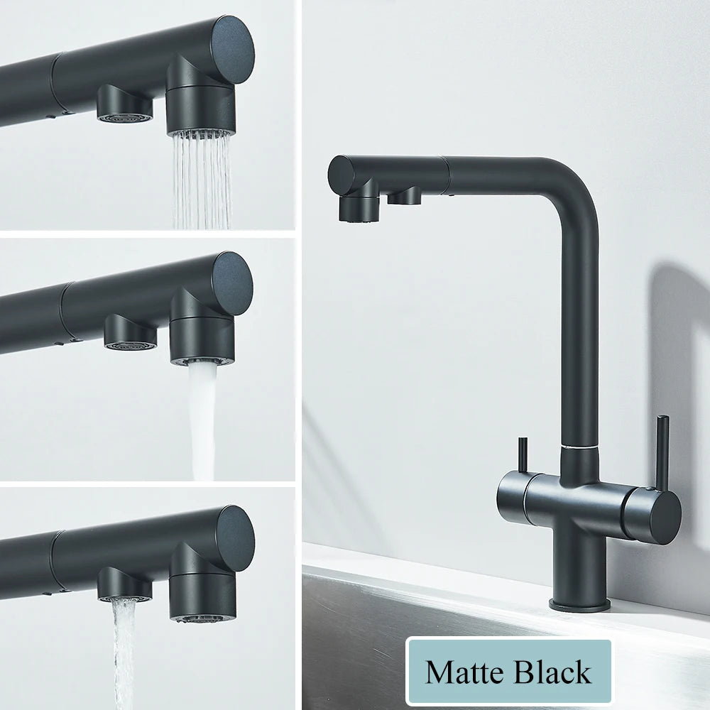 Gold Filter Kitchen Faucets Dual Spout Pull Out Kitchen Sink Water Tap Hot Cold Purification Water Crane for Kitchen
