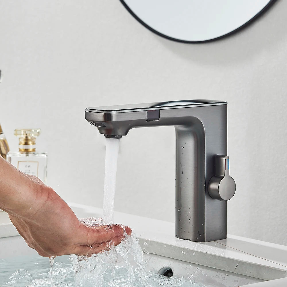 Black Gray Smart Sense Faucet Touchless Digital Display Basin Mixer Battery Power Hot Cold Mixed Water Inductive Bathroon Tap