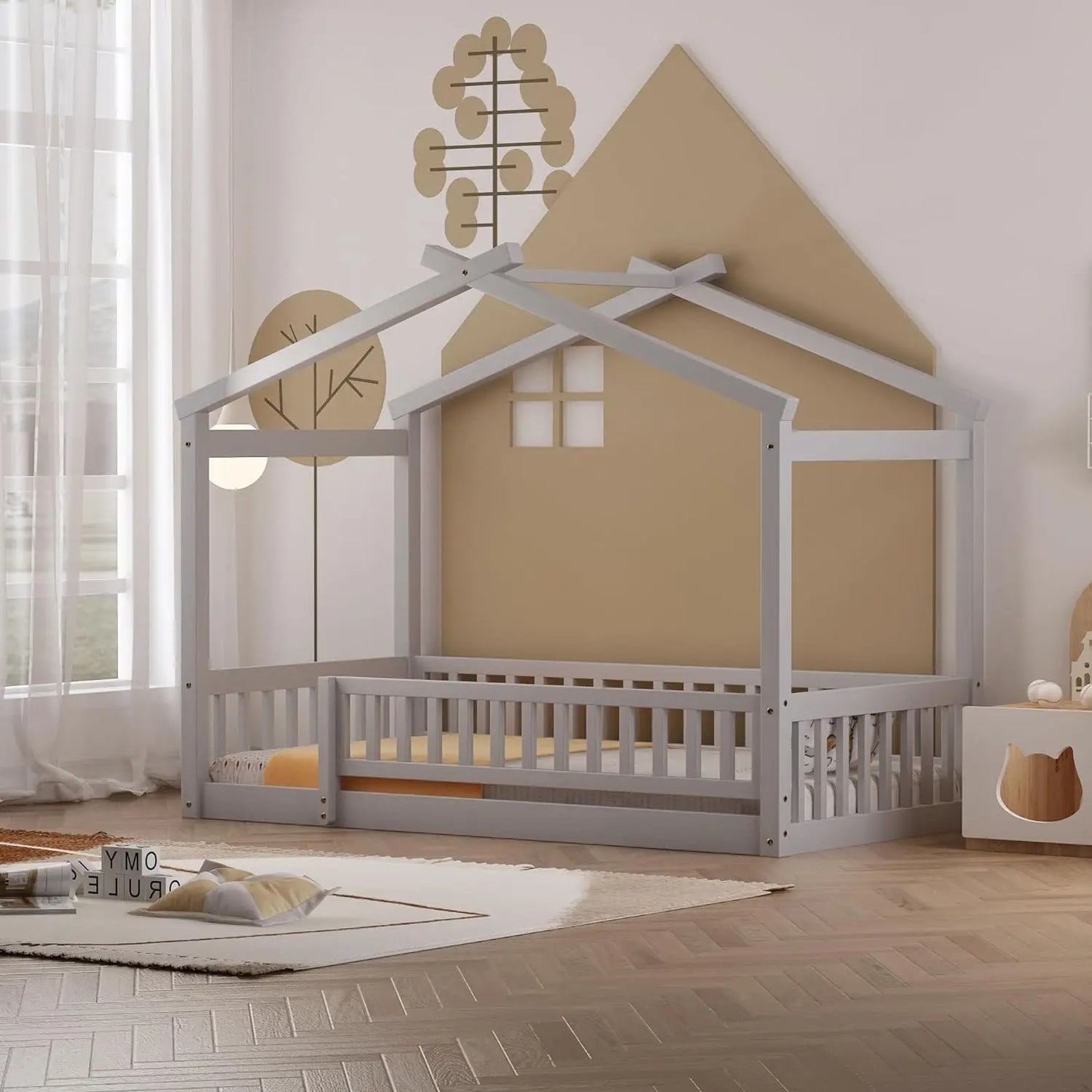 House Style Bed Full Size Floor Bed with Fence Railings