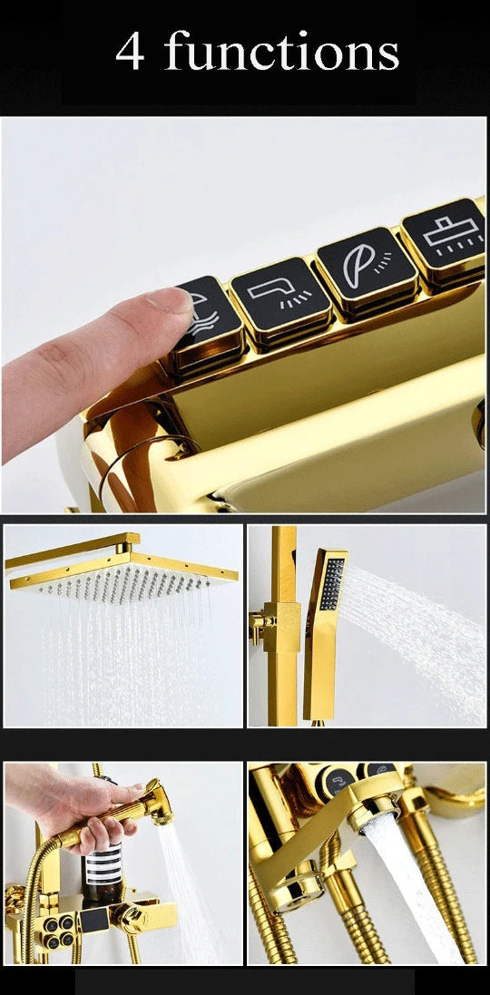 Gold Digital Shower Set Quality Brass Hot Cold Bathroom Shower Faucets Tap Rain Shower Head Golden Thermostatic Shower System
