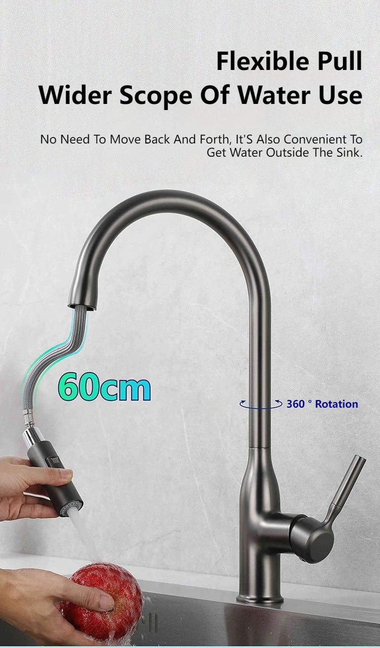 New Single Handle Gray Kitchen Faucet With Pull Down Sprayer High Arc Brass 360 Swivel Kitchen Sink Faucets Deck Mounted Chrome