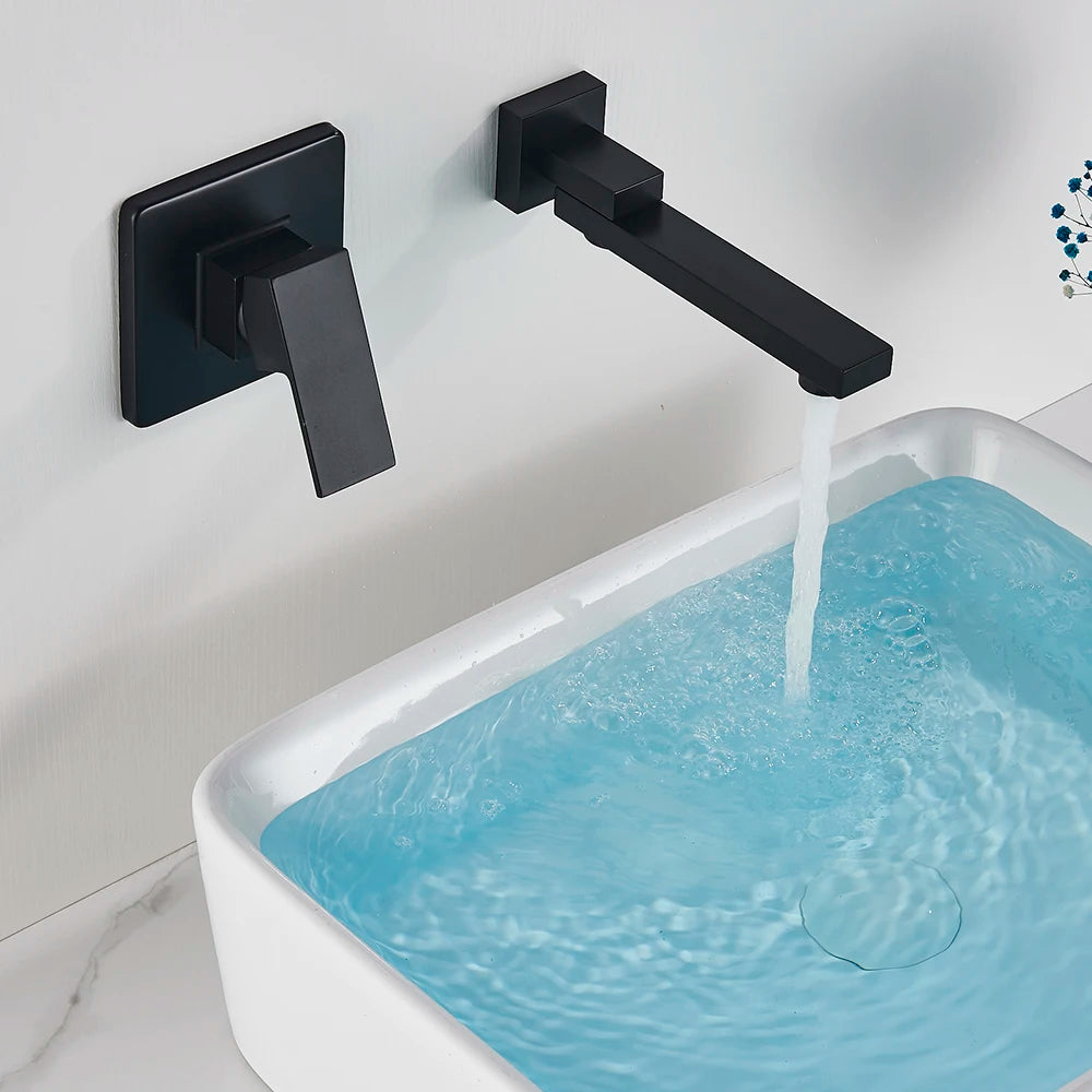 Matte Black Rotate Spout Basin Faucet Wall Mounted Bathroom Hot & Cold Water Mixer Tap Concealed Install Washing Crane Faucets