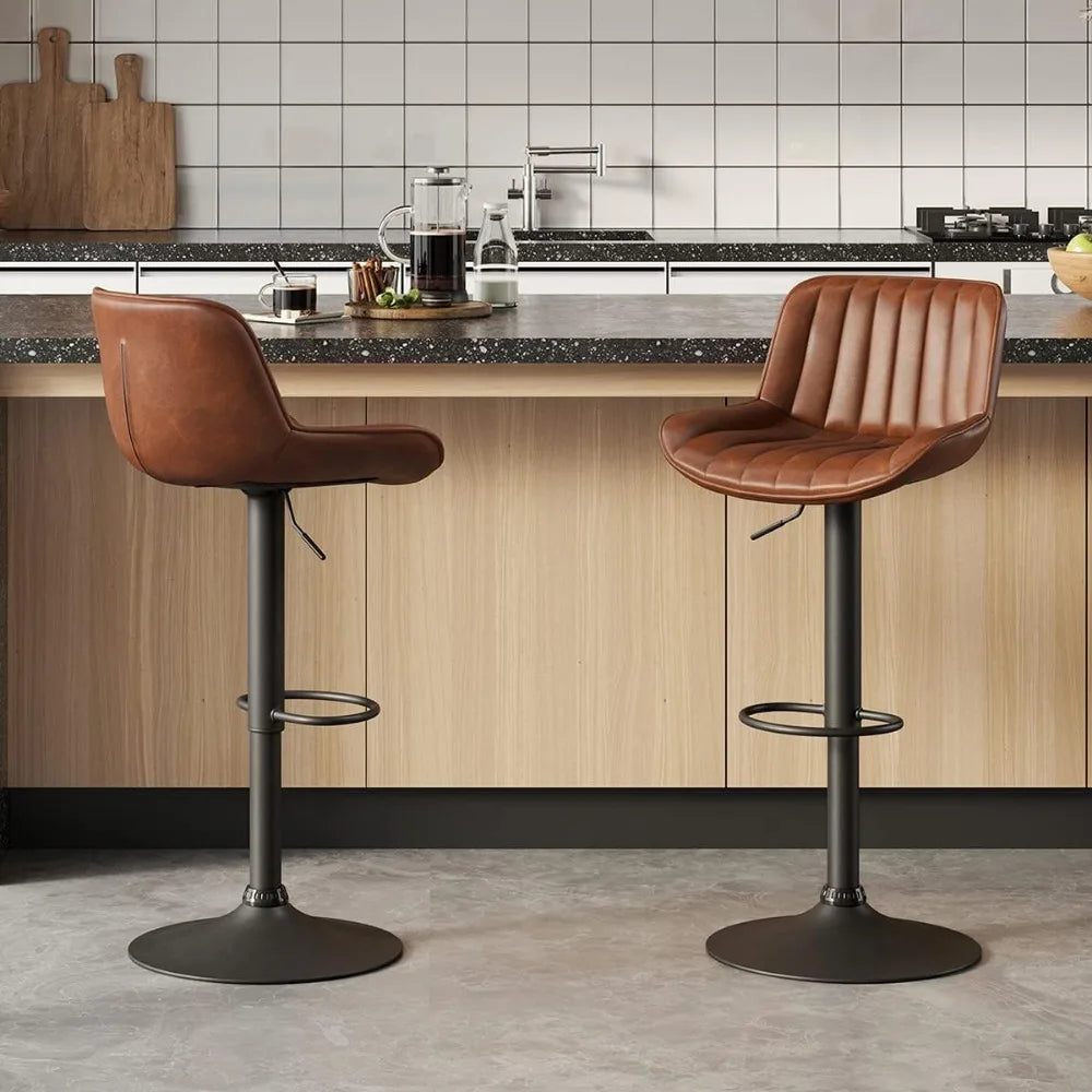 Mid Century Modern Faux Leather Swivel Adjustable Height Bar Stool Set of 2