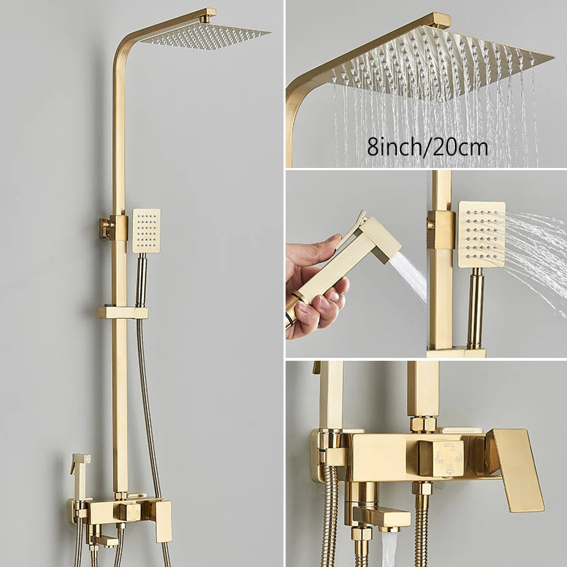 Brushed Golden Shower Faucet Bathroom Rainfall Shower Set Wall Mount