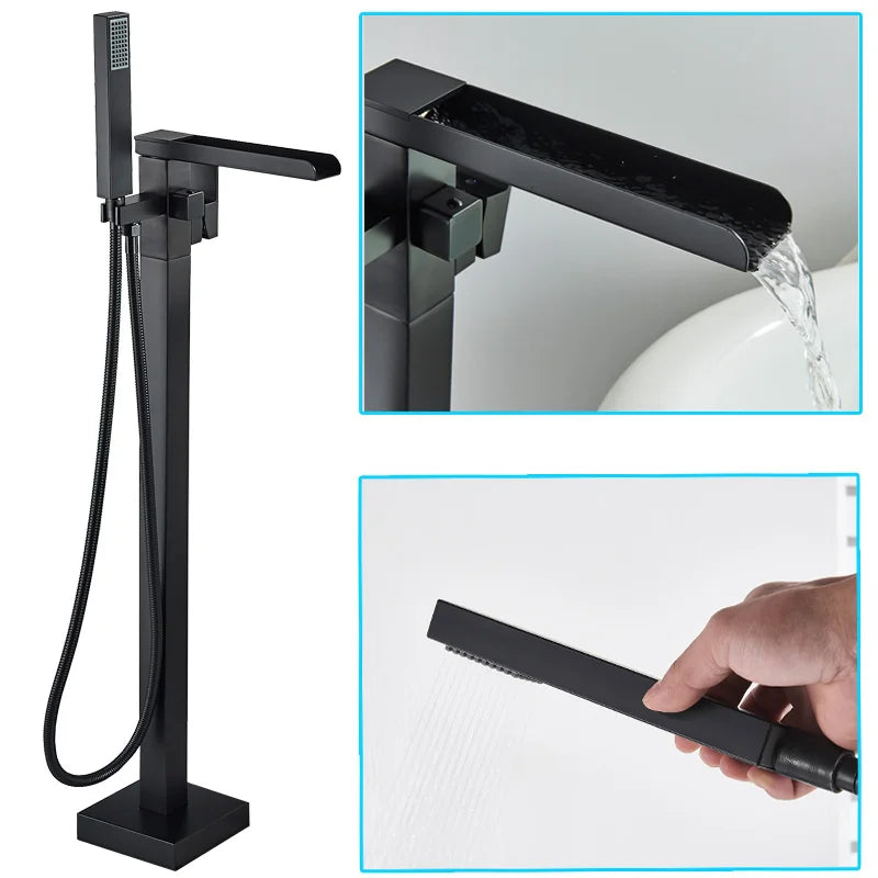 Luxury Matte Black Bathtub Faucet Freestanding Bathroom Tub Faucet  6 Types Spout Floor Mounted Bath Shower Mixer Tap