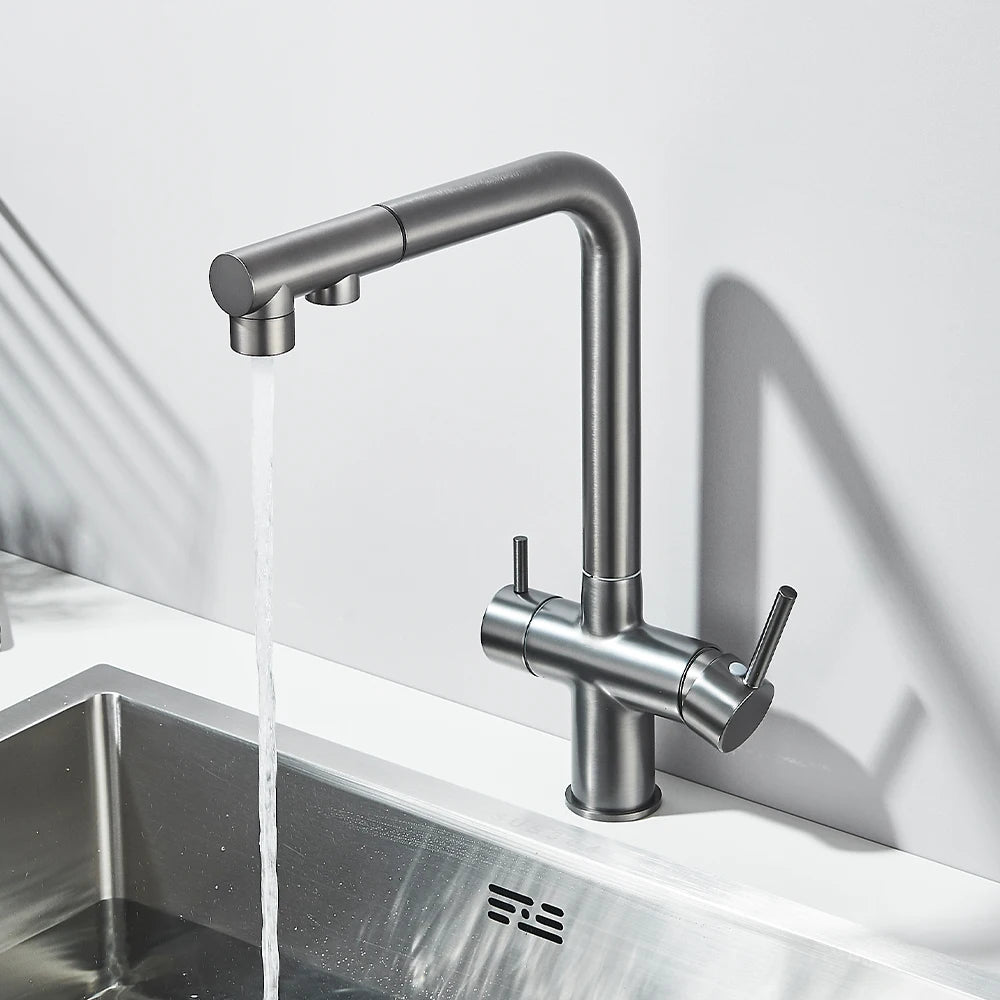 Gold Filter Kitchen Faucets Dual Spout Pull Out Kitchen Sink Water Tap Hot Cold Purification Water Crane for Kitchen