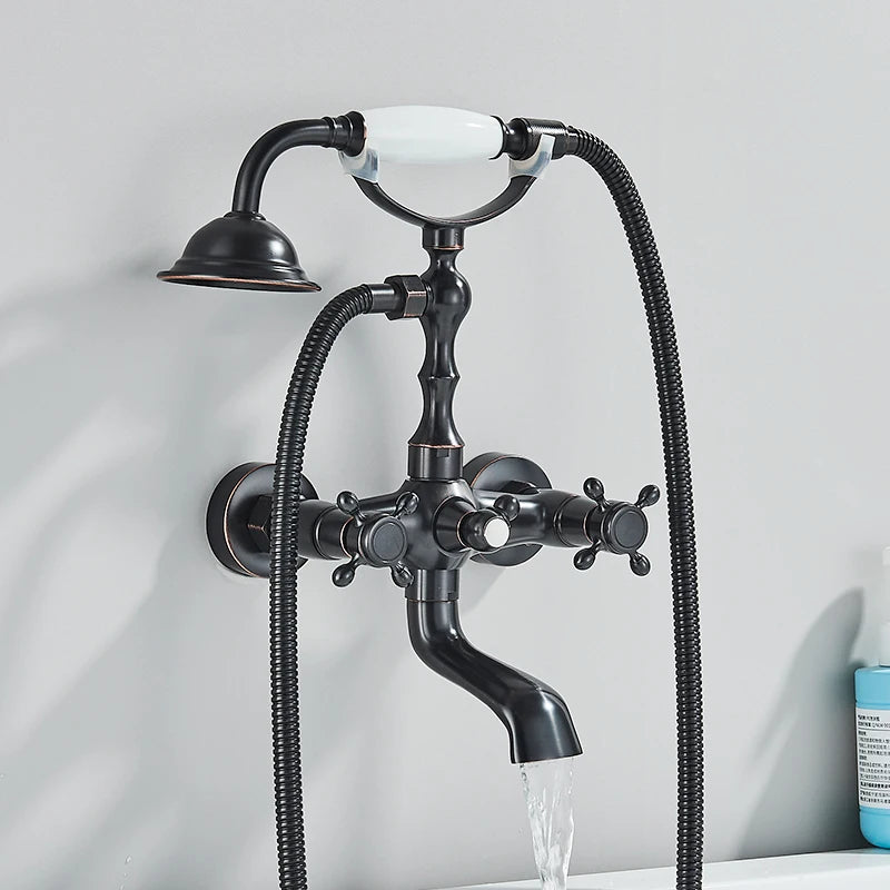 Retro Antique Brass Black Bronze Bathtub Shower Faucets Set Dual Knobs Mixer Tap Wall Mounted Bath Shower Set Swivel Tub Spout
