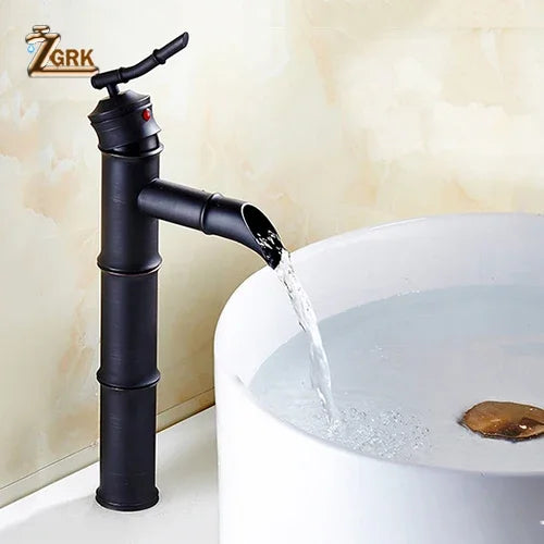 ZGRK Black Waterfall Bathroom Sink Faucet Vessel Tall Bamboo Water Tap Retro Brass Basin Faucets Single Hole Sink Mixer Tap