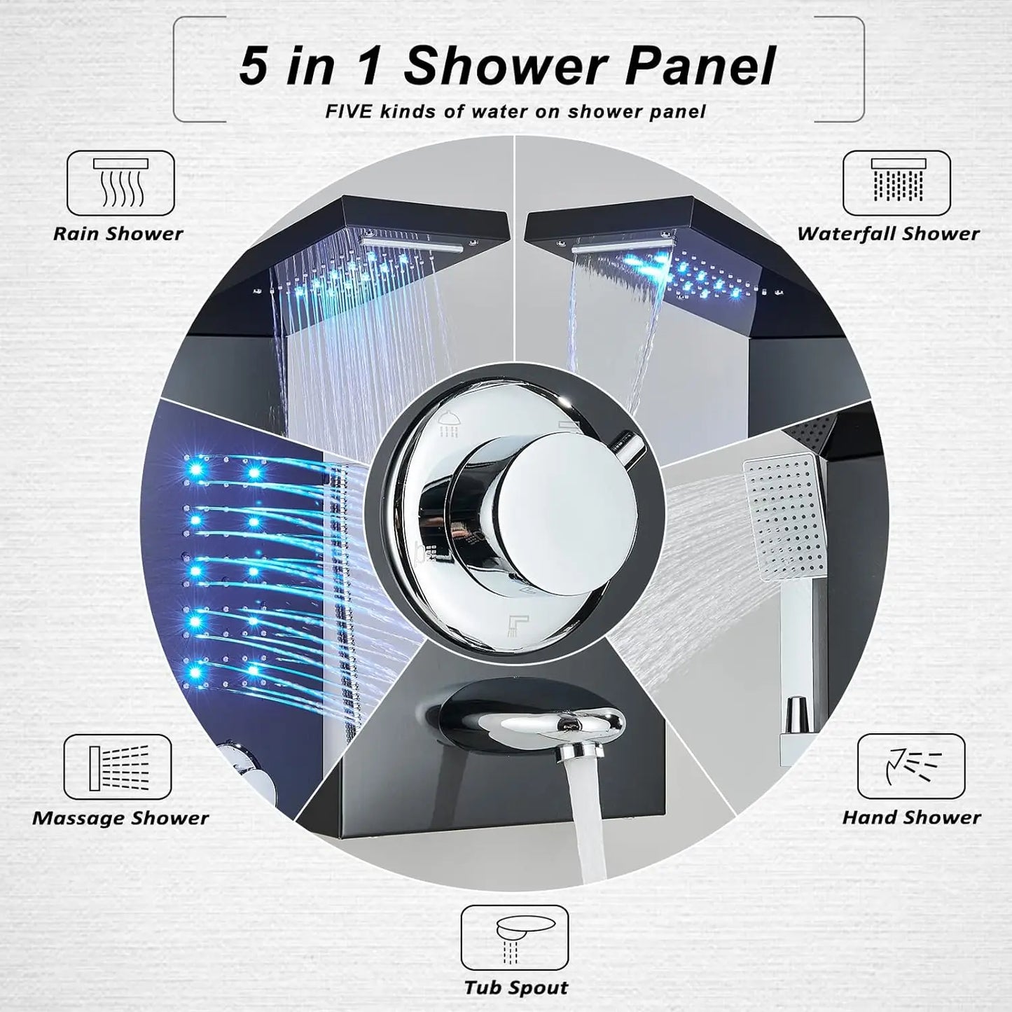 OUIO Brush LED Shower Panel Column Shower Faucet Bathtub Mixer Tap With Massage Body Spa Hand Shower Temperature Screen Set