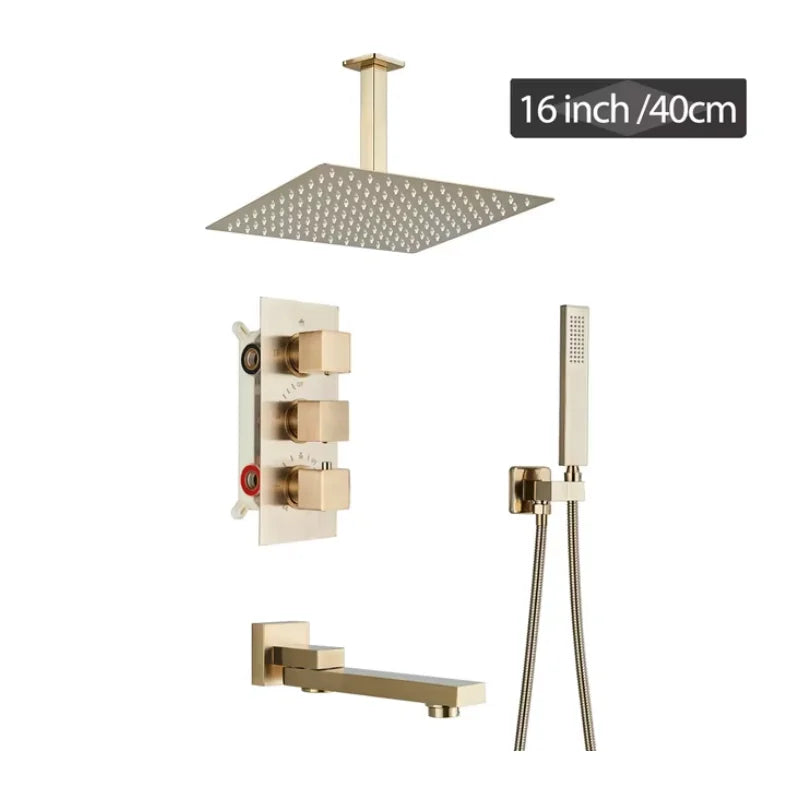 Modern Bathroom Rain Waterfall Shower Set Thermostatic Mixer Bath Shower Mixer Tap Brass Body