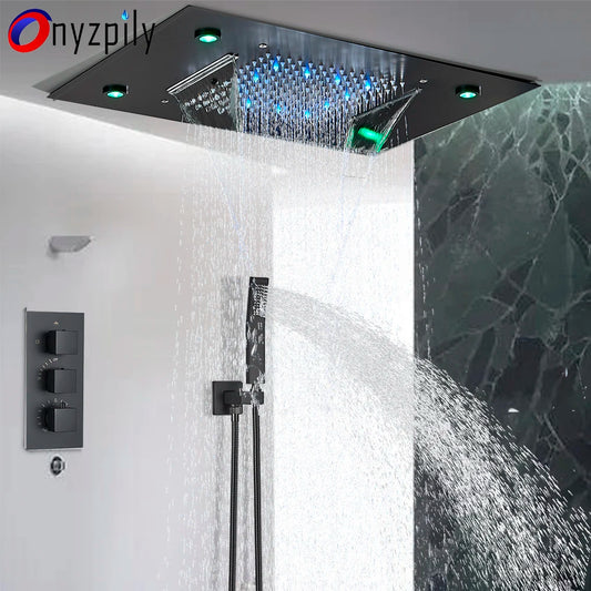Black LED Constant Temperature Shower Faucet Luxury 3-way RainShower Celling System Tap Color Change Modern Showers for Bathroom