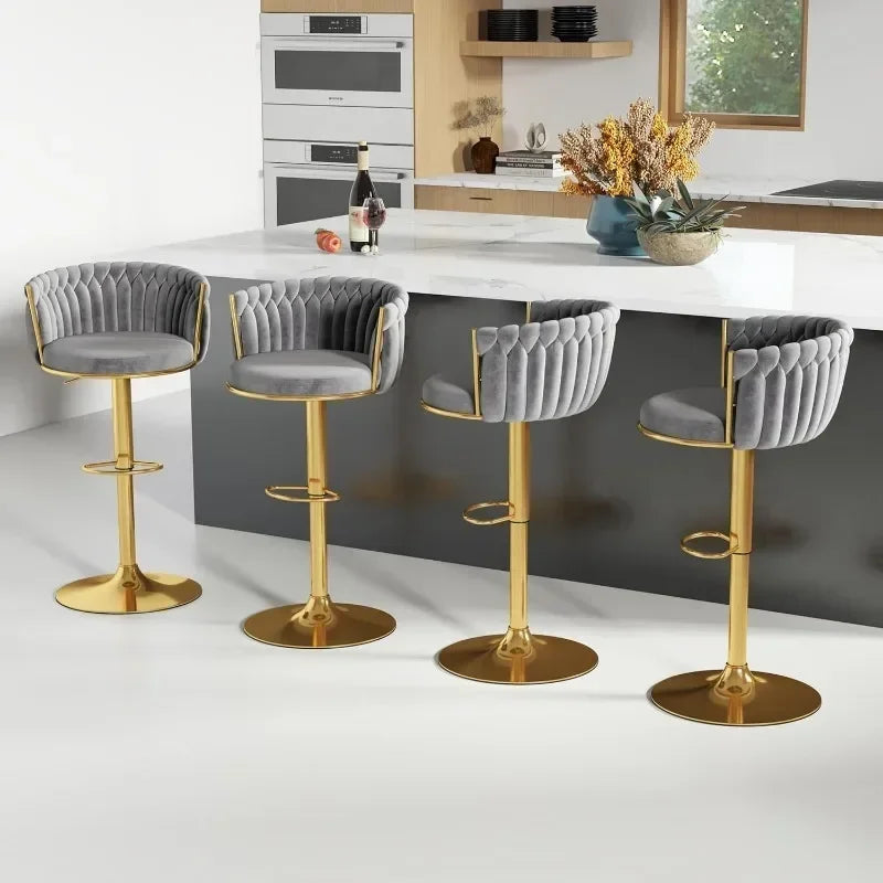Bar Stool Set of 4, Velvet Swivel Barstools, Height Adjustable Counter Stools with Woven Backrest, Upholstered Modern