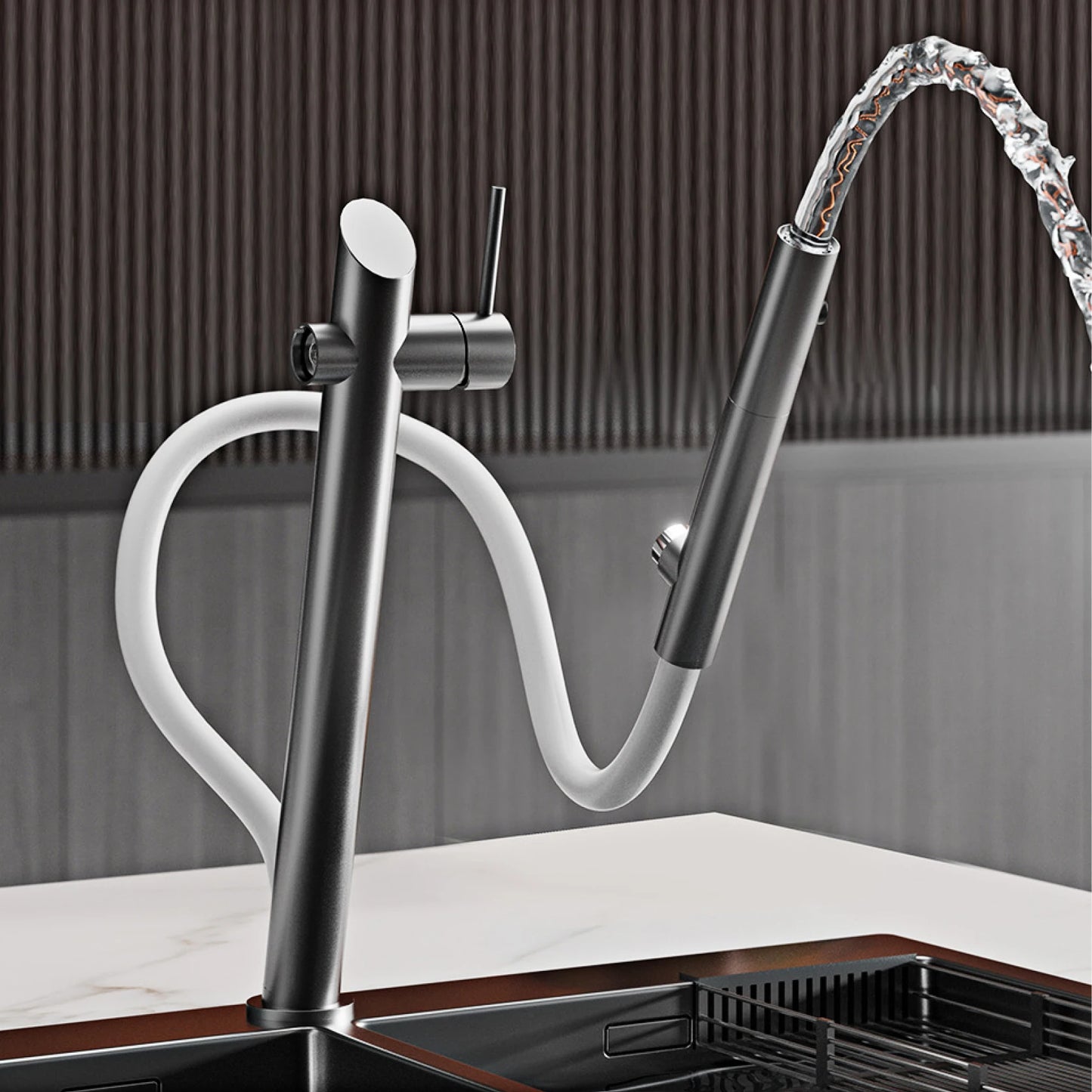 AITANA luxury brass black kitchen faucet with pull-out design, dual control magnetic suction for cold & hot 2-function sink Tap