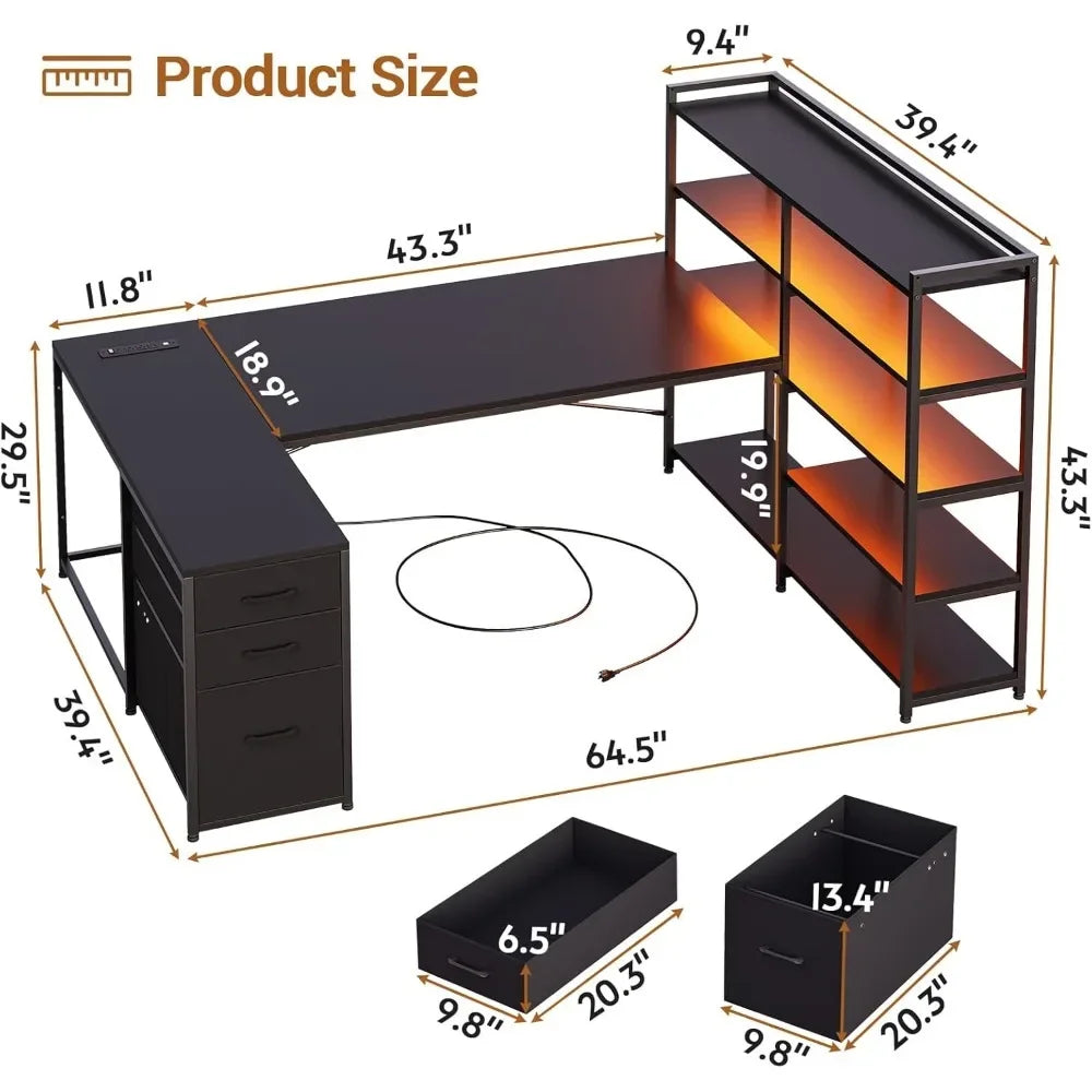 L Shaped Gaming Desk with Reversible U Shaped Computer Desk with Power Outlet and Storage Shelves