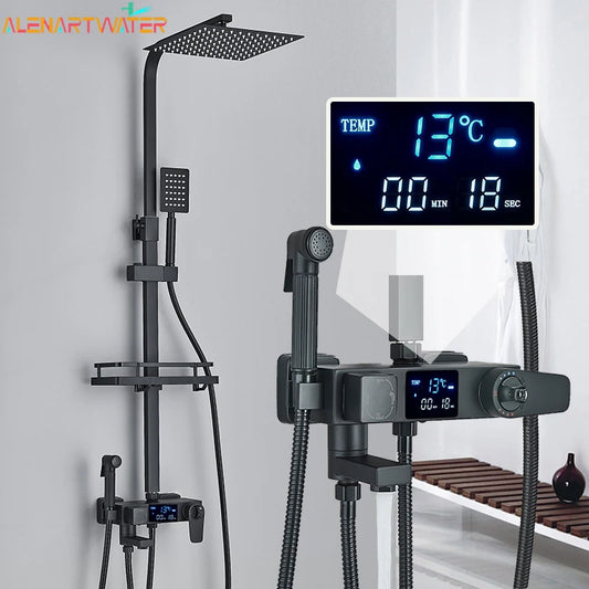 Black Smart Thermostatic Shower Faucet Set Bathroom Intelligent Rainfall Digital Mixer Tap With Rack and Bidet Bath System