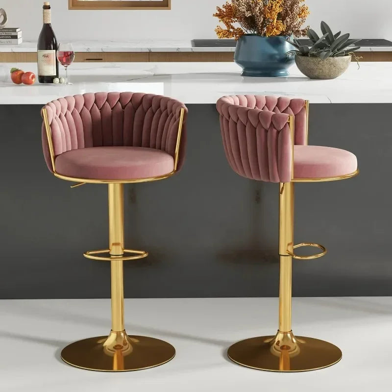 Bar Stool Set of 4, Velvet Swivel Barstools, Height Adjustable Counter Stools with Woven Backrest, Upholstered Modern