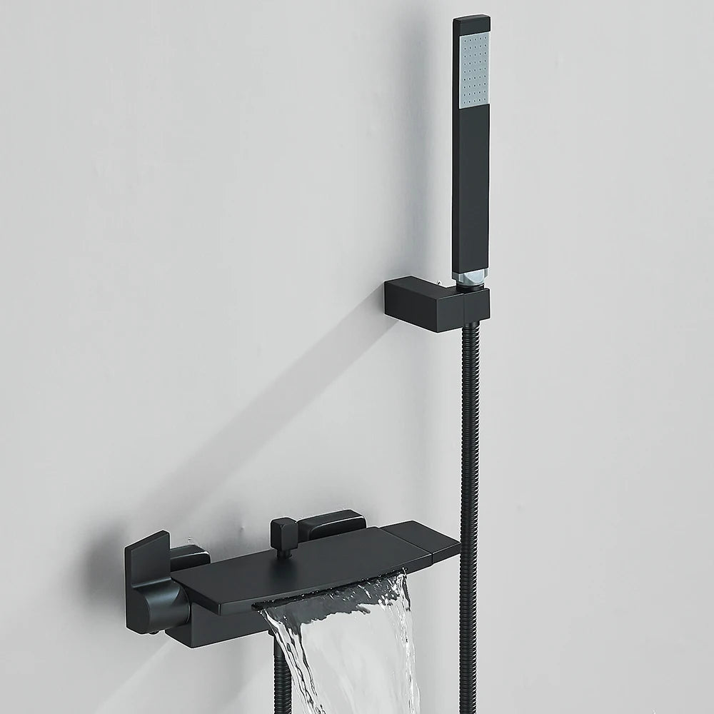 Black Waterfall Bathtub Shower Faucets Wall Mount Shower With Handheld Shower Mixer Tap Faucets Hot Cold Bath Shower Tap