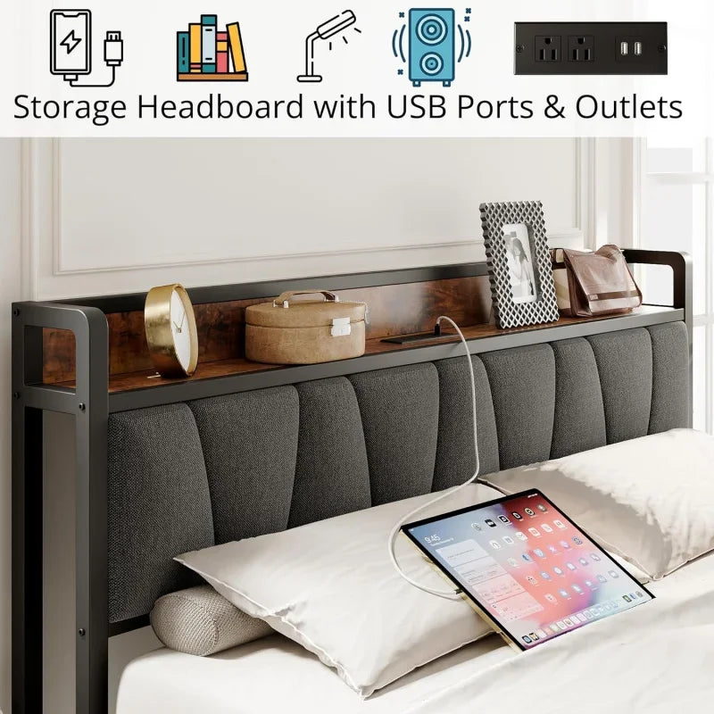 King Size Storage Bed Frame with Charging Station