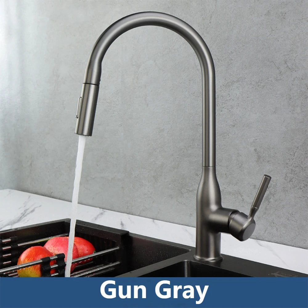 New Single Handle Gray Kitchen Faucet With Pull Down Sprayer High Arc Brass 360 Swivel Kitchen Sink Faucets Deck Mounted Chrome
